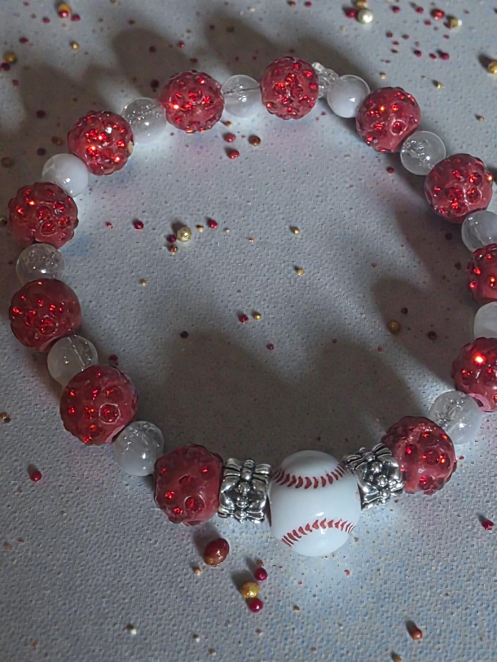 Baseball Charm Stretch Bracelet - Red and White Beads